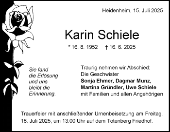 Traueranzeige von Karin Schiele von Heidenheimer Zeitung
