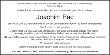 Traueranzeige von Joachim Rac von Heidenheimer Zeitung