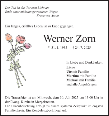 Traueranzeige von Werner Zorn von Heidenheimer Zeitung