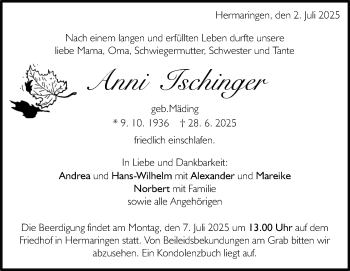 Traueranzeige von Anni Ischinger von Heidenheimer Zeitung