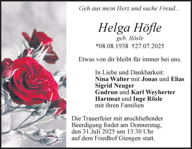  Traueranzeige für Helga Höfle vom 29.07.2025 aus Heidenheimer Zeitung