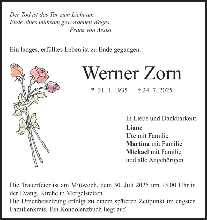  Traueranzeige für Werner Zorn vom 26.07.2025 aus Heidenheimer Zeitung