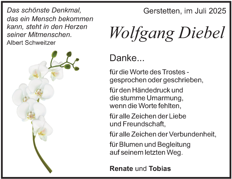  Traueranzeige für Wolfgang Diebel vom 19.07.2025 aus Heidenheimer Zeitung