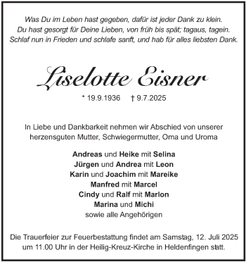 Traueranzeige von Lieselotte Eisner von Heidenheimer Zeitung