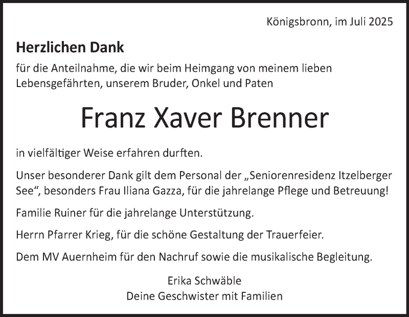  Traueranzeige für Franz Xaver Brenner vom 14.07.2025 aus Heidenheimer Zeitung