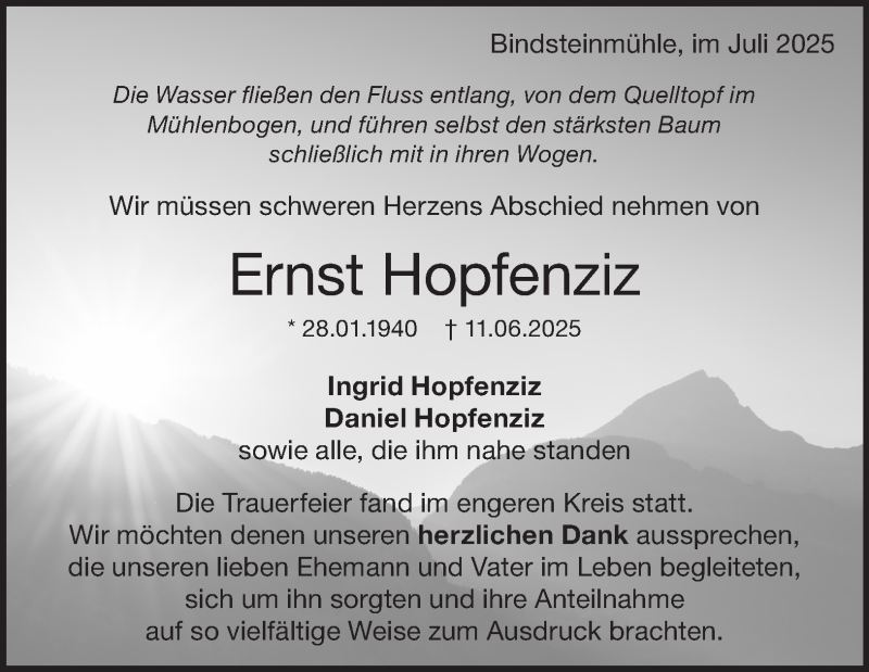  Traueranzeige für Ernst Hopfenziz vom 10.07.2025 aus Heidenheimer Zeitung