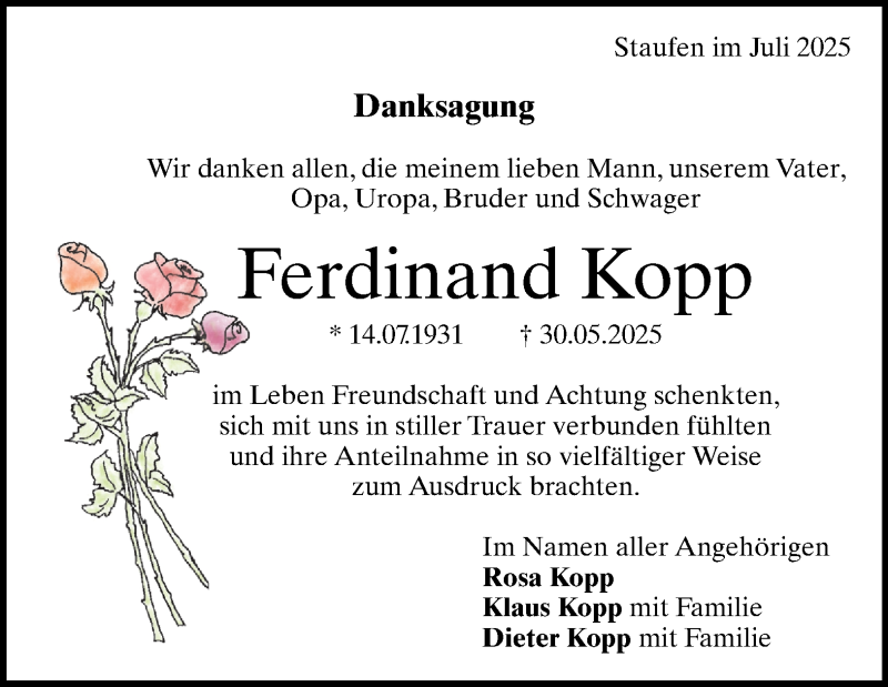  Traueranzeige für Ferdinand Kopp vom 01.07.2025 aus Heidenheimer Zeitung