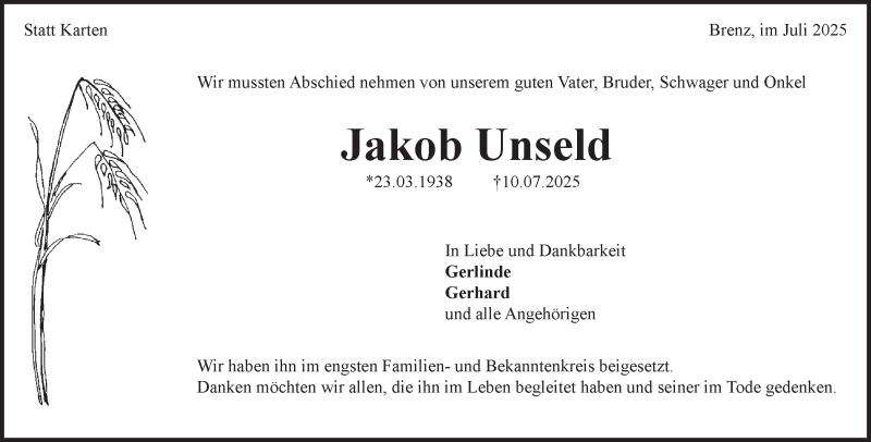 Traueranzeige für Jakob Unseld vom 19.07.2025 aus Heidenheimer Zeitung