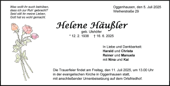 Traueranzeige von Helene Häußler von Heidenheimer Zeitung