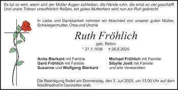 Traueranzeige von Ruth Fröhlich von Heidenheimer Zeitung