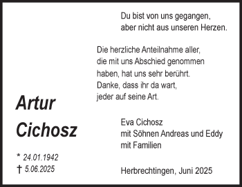 Traueranzeige von Artur Cichosz von Heidenheimer Zeitung