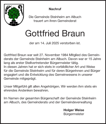Traueranzeige von Gottfried Braun von Heidenheimer Zeitung