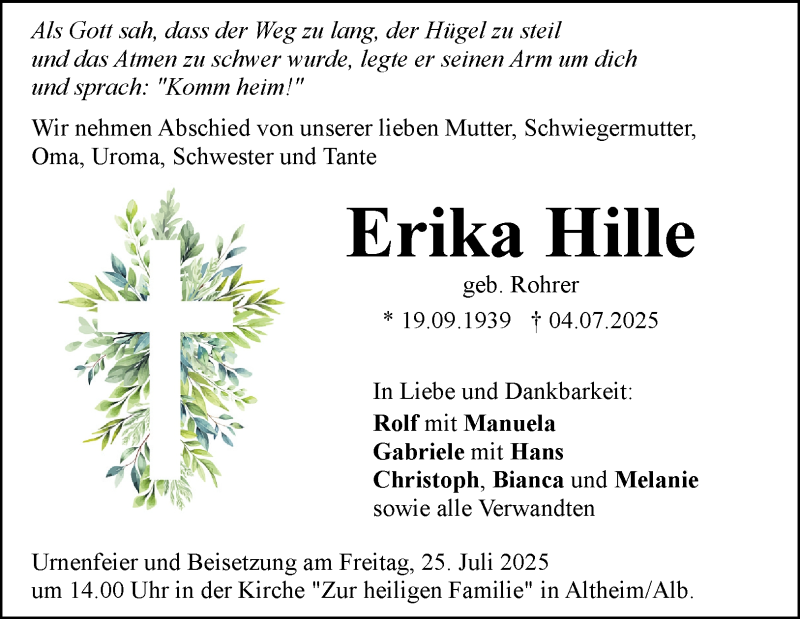  Traueranzeige für Erika Hille vom 19.07.2025 aus Heidenheimer Zeitung