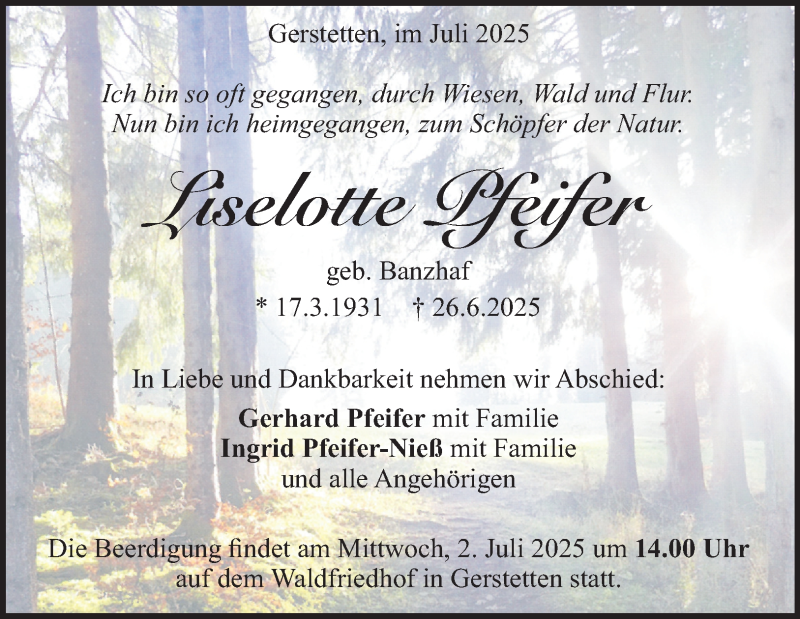  Traueranzeige für Liselotte Pfeifer vom 01.07.2025 aus Heidenheimer Zeitung