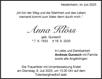 Traueranzeige von Anna Klöss von Heidenheimer Zeitung