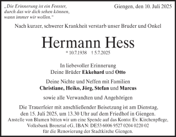 Traueranzeige von Hermann Hess von Heidenheimer Zeitung