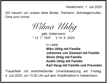 Traueranzeige von Wilma Uhlig von Heidenheimer Zeitung