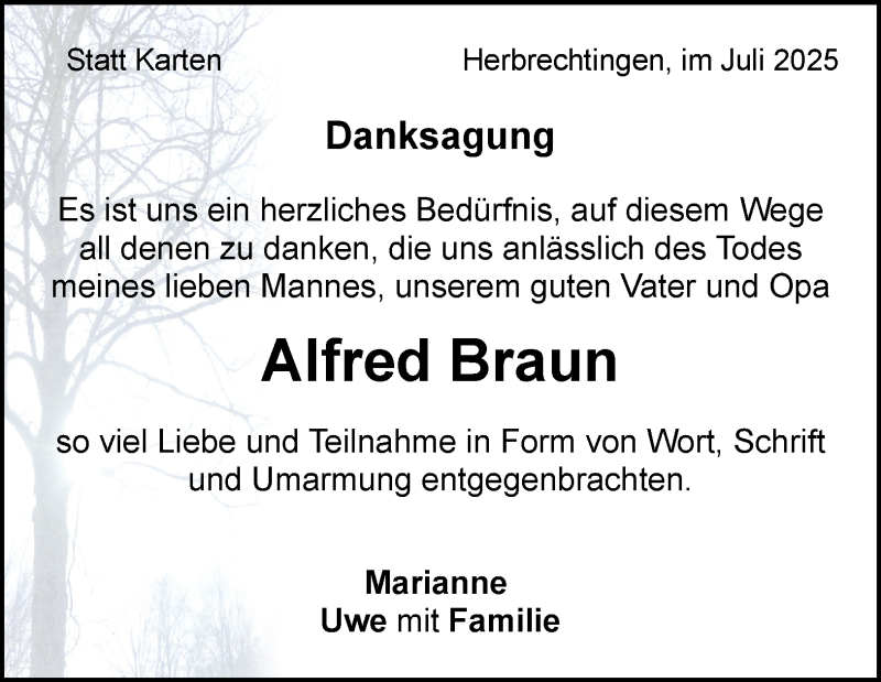  Traueranzeige für Alfred Braun vom 19.07.2025 aus Heidenheimer Zeitung
