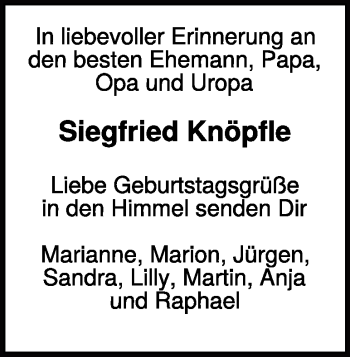 Traueranzeige von Siegfried Knöpfle von Heidenheimer Zeitung