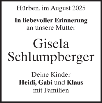 Traueranzeige von Gisela Schlumpberger von Heidenheimer Zeitung