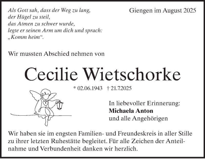  Traueranzeige für Cecilie Wietschorke vom 13.08.2025 aus Heidenheimer Zeitung