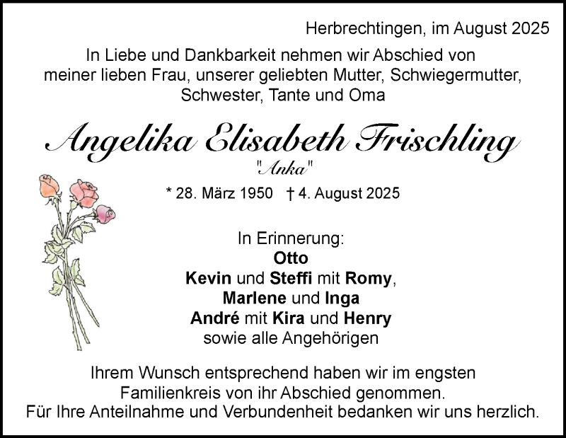  Traueranzeige für Angelika Elisabeth  Frischling vom 13.08.2025 aus Heidenheimer Zeitung