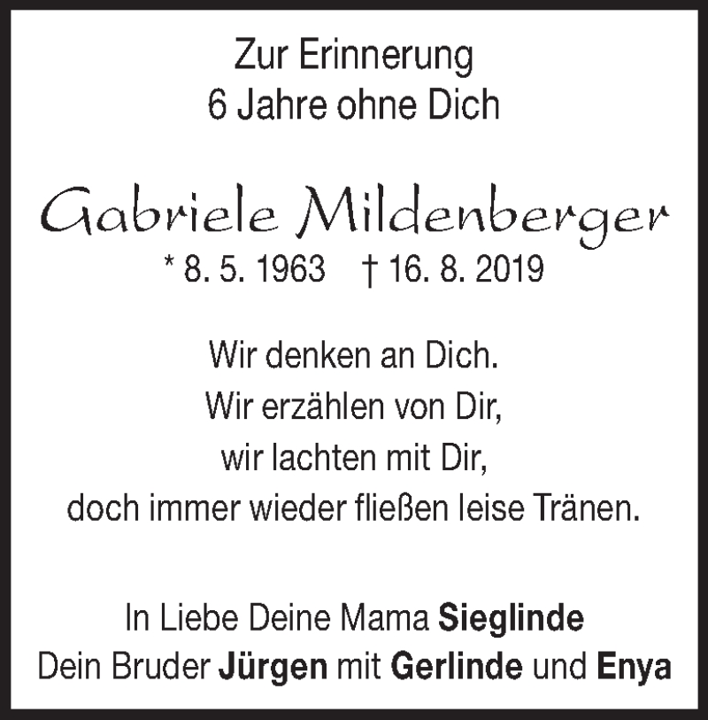  Traueranzeige für Gabriele Mildenberger vom 16.08.2025 aus Heidenheimer Zeitung
