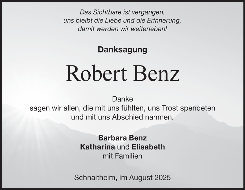 Traueranzeige für Robert Benz vom 12.08.2025 aus Heidenheimer Zeitung