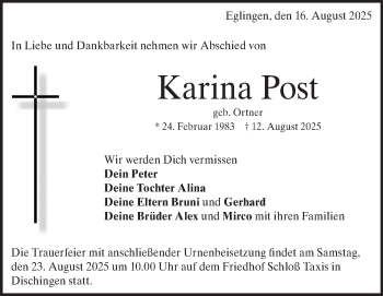 Traueranzeige von Karina Post von Heidenheimer Zeitung
