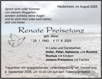 Traueranzeige von Renate Preisetanz von Heidenheimer Zeitung