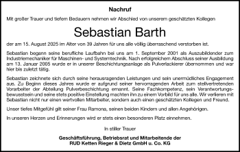 Traueranzeige von Sebastian Barth von Heidenheimer Zeitung