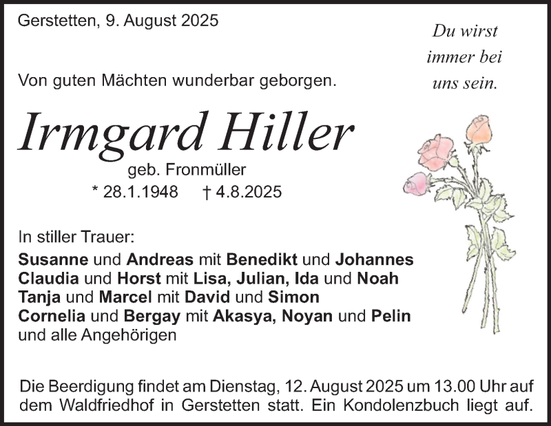  Traueranzeige für Irmgard Hiller vom 09.08.2025 aus Heidenheimer Zeitung