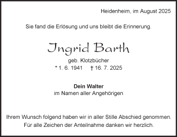Traueranzeige von Ingrid Barth von Heidenheimer Zeitung