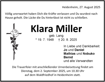 Traueranzeige von Klara Miller von Heidenheimer Zeitung