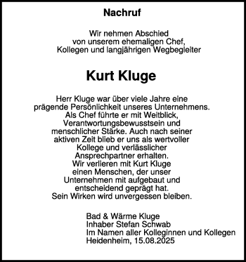 Traueranzeige von Kurt Kluge von Heidenheimer Zeitung