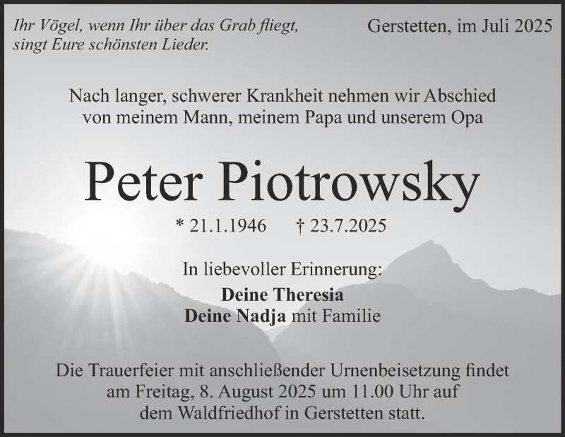  Traueranzeige für Peter Piotrowsky vom 02.08.2025 aus Heidenheimer Zeitung