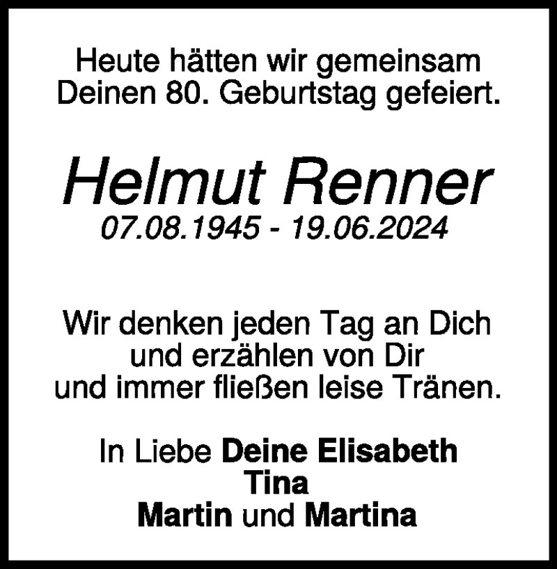  Traueranzeige für Helmut Renner vom 07.08.2025 aus Heidenheimer Zeitung