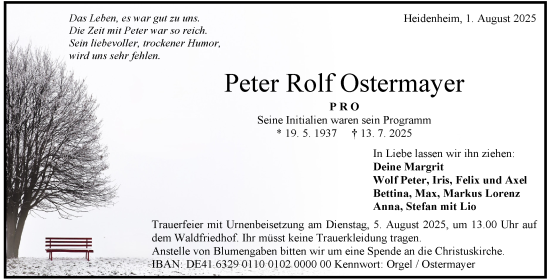Traueranzeige von Peter Rolf Ostermayer 