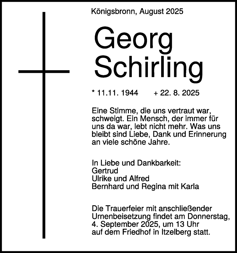  Traueranzeige für Georg Schirling vom 30.08.2025 aus Heidenheimer Zeitung