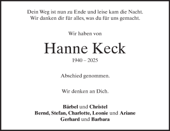 Traueranzeige von Hanne Keck von Heidenheimer Zeitung