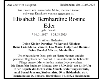Traueranzeige von Elisabeth Bernhardine Rosine Eder von Heidenheimer Zeitung