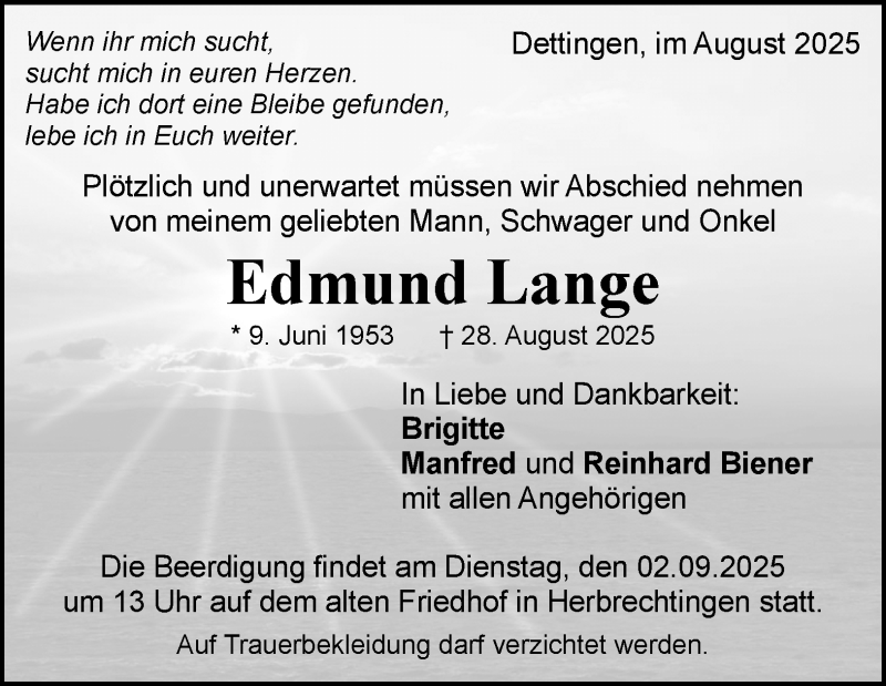  Traueranzeige für Edmund Lange vom 30.08.2025 aus Heidenheimer Zeitung