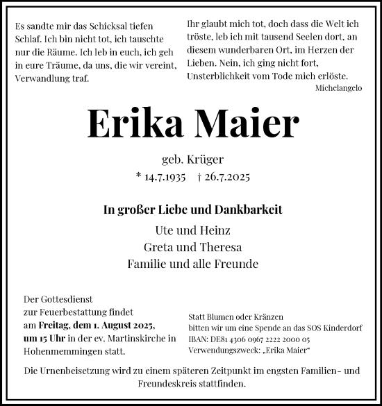 Traueranzeige von Erika Maier 