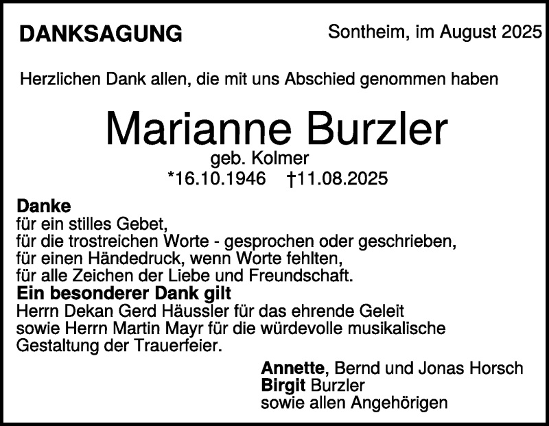  Traueranzeige für Marianne Burzler vom 23.08.2025 aus Heidenheimer Zeitung