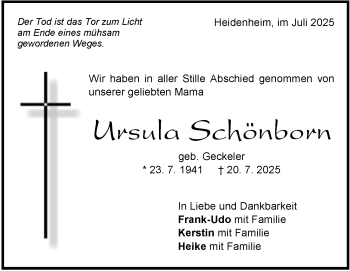 Traueranzeige von Ursula Schönborn von Heidenheimer Zeitung