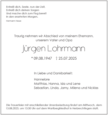 Traueranzeige von Jürgen Lohrmann von Heidenheimer Zeitung