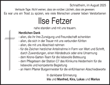 Traueranzeige von Ilse Fetzer von Heidenheimer Zeitung