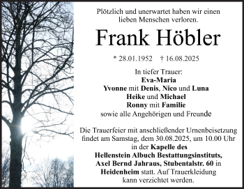 Traueranzeige von Frank Höbler von Heidenheimer Zeitung