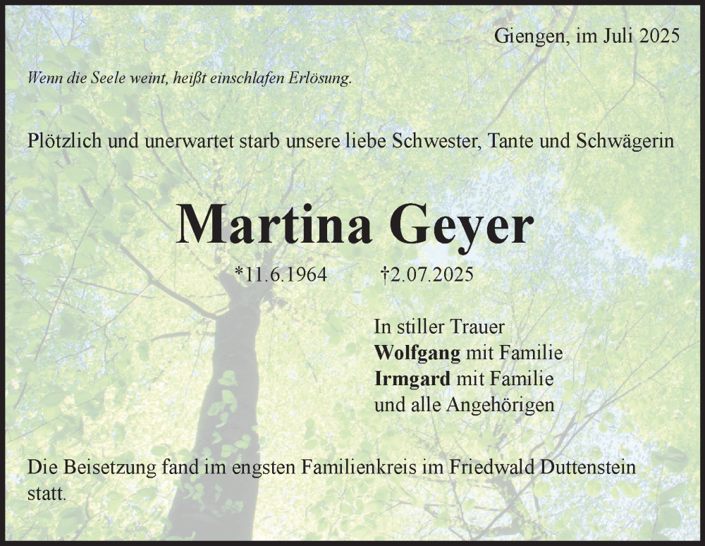  Traueranzeige für Martina Geyer vom 31.07.2025 aus 