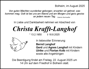 Traueranzeige von Christa Krafft-Langhof von Heidenheimer Zeitung